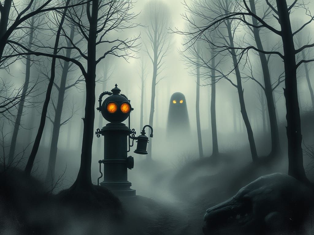 Steampunk Splash Art in Misty Forest with Eerie Creatures
