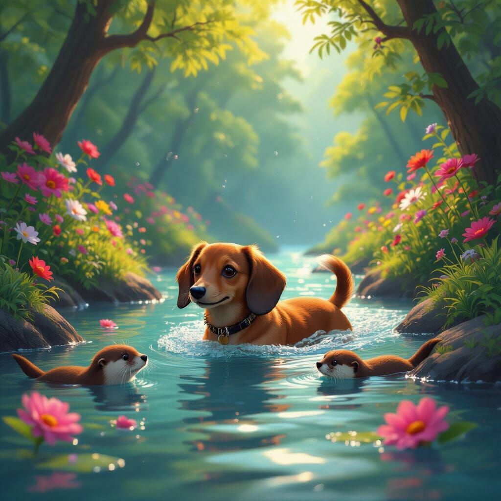 Red Dachshund Swims With Otters in Floral Forest