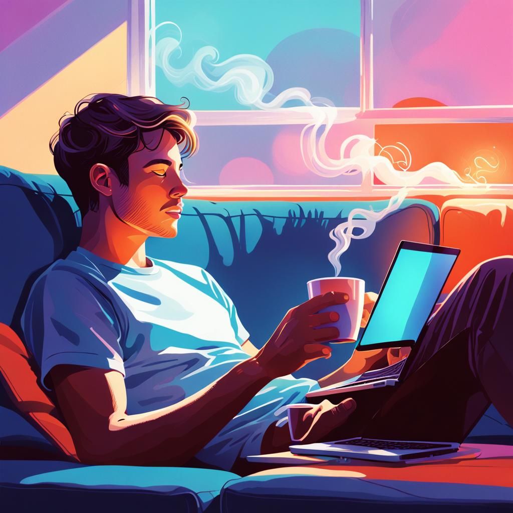 Cozy Coffee Lounging: Digital Illustration in Syd Mead Style