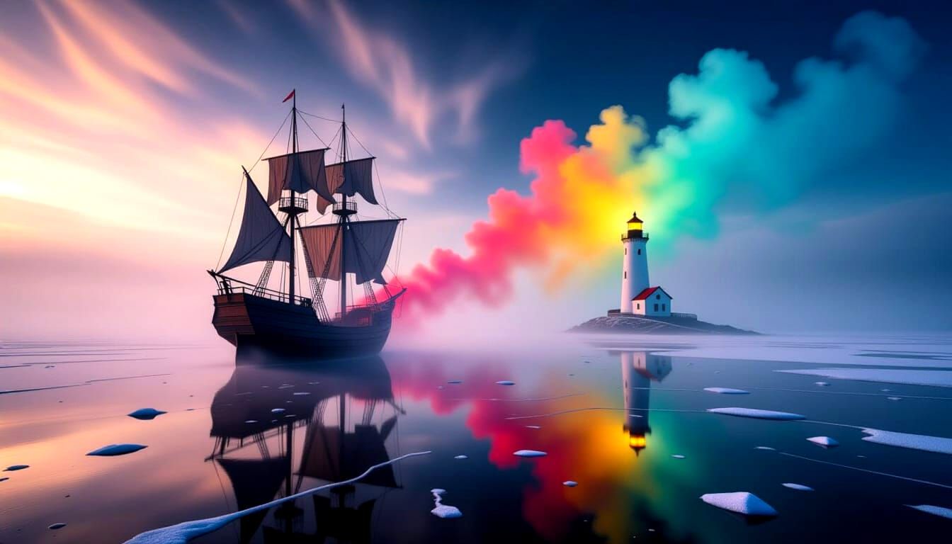 Ghostly Caravel Dissolves in Surreal Landscape