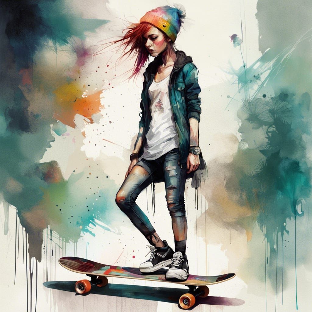 Skate Punk Girl Art Inspired by Mixed Media