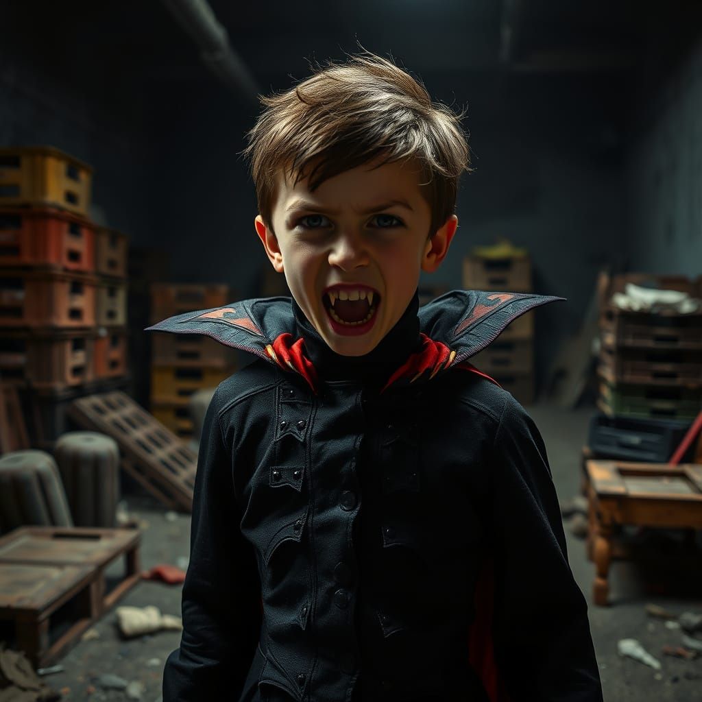 Boy in Dracula Costume Hissing in Abandoned Room