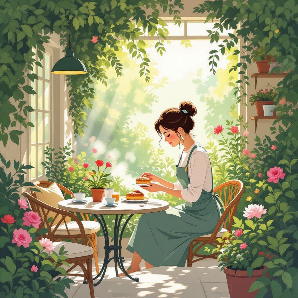 Hidden Garden Cafe With Chef Preparing Pastry