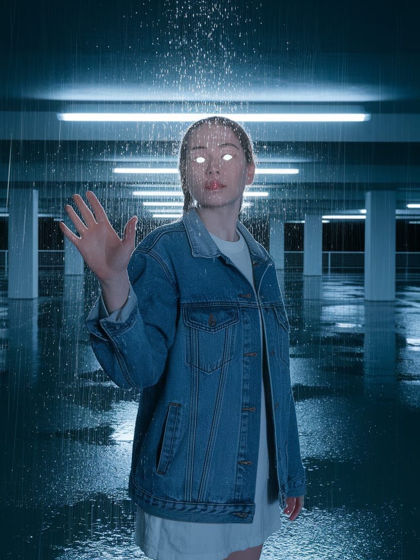 Hyperrealistic Portrait of Woman in Rainy Parking Garage
