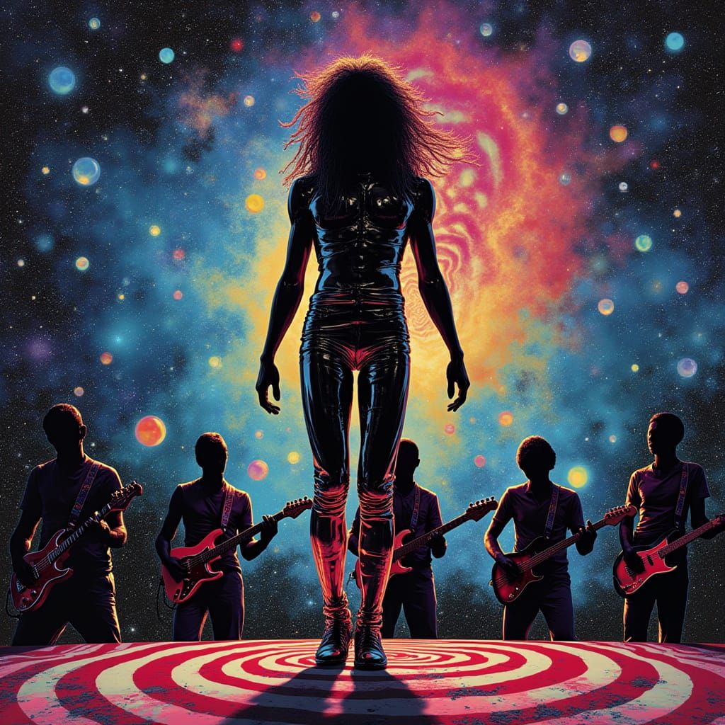 Surreal Cosmic Musician in Futuristic Psychedelic Landscape