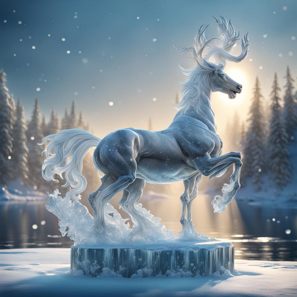 Ice Centaur Sculpture Over Frozen Lake