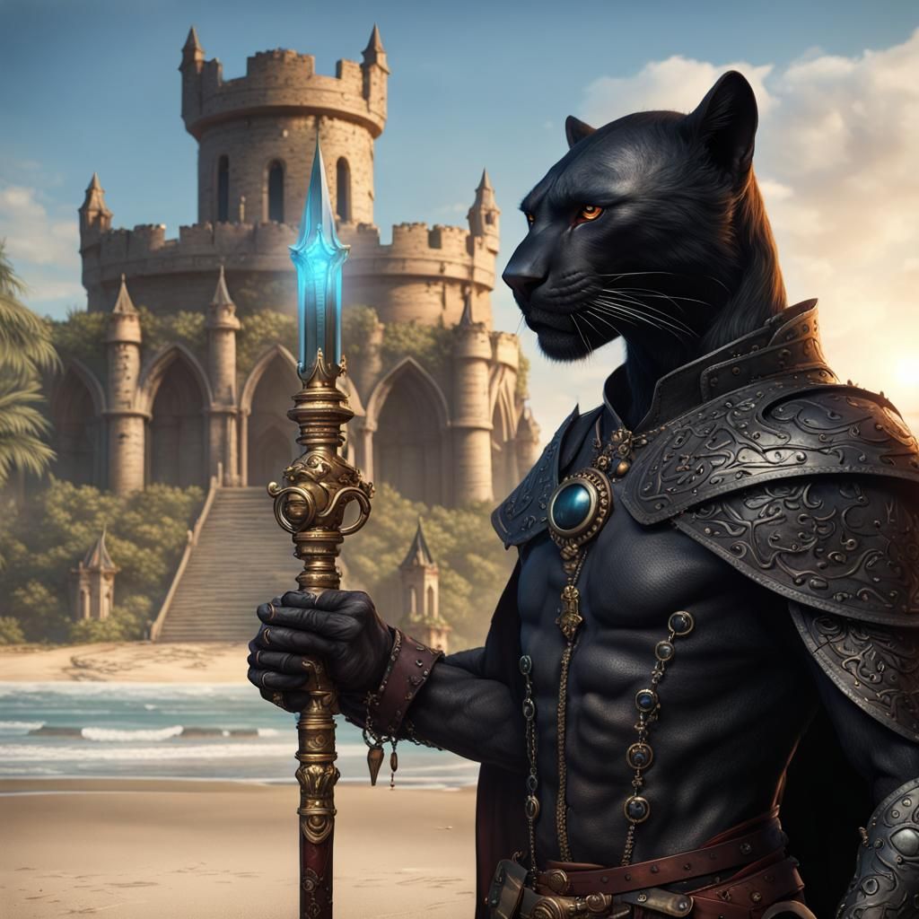 Panther Humanoid in front of Medieval Temple
