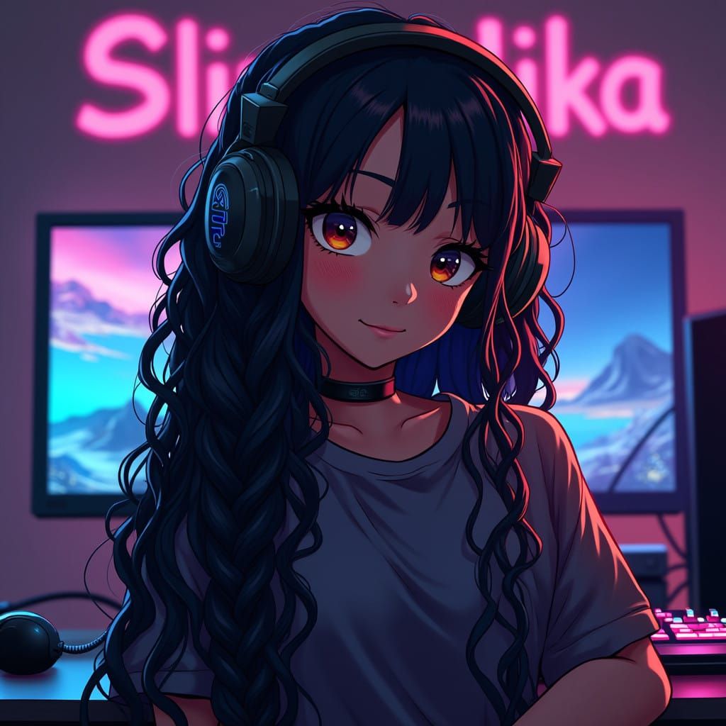 Confident Black Gamer Girl in Manga Style