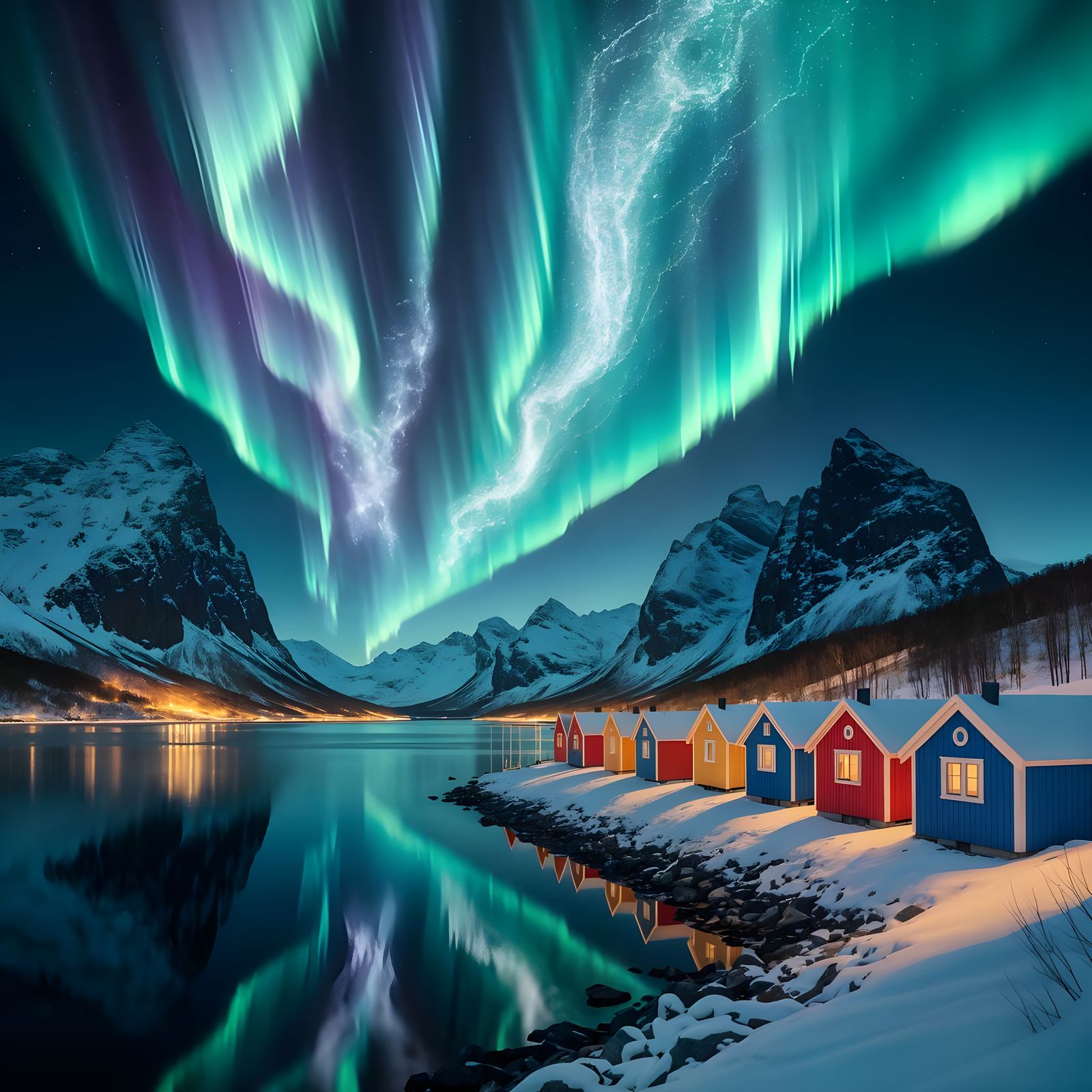 Fantastical Aurora Borealis Over Norwegian Fjord Landscape