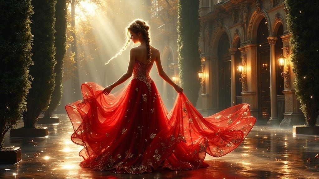Flux Art Princess Dancing in Elegant Red Gown