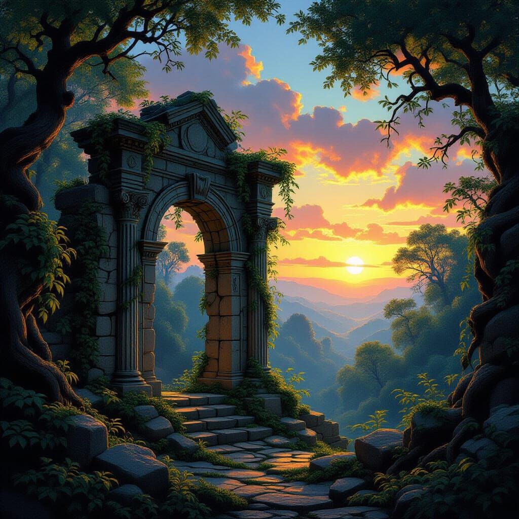 Ancient Forest Ruin at Sunrise in Fantasy Style