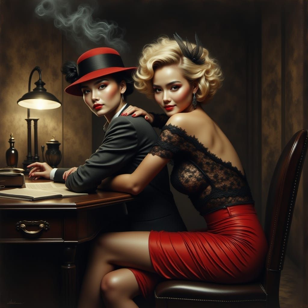 1940s Lesbian Noir Detective Duo in Smoky Atmosphere