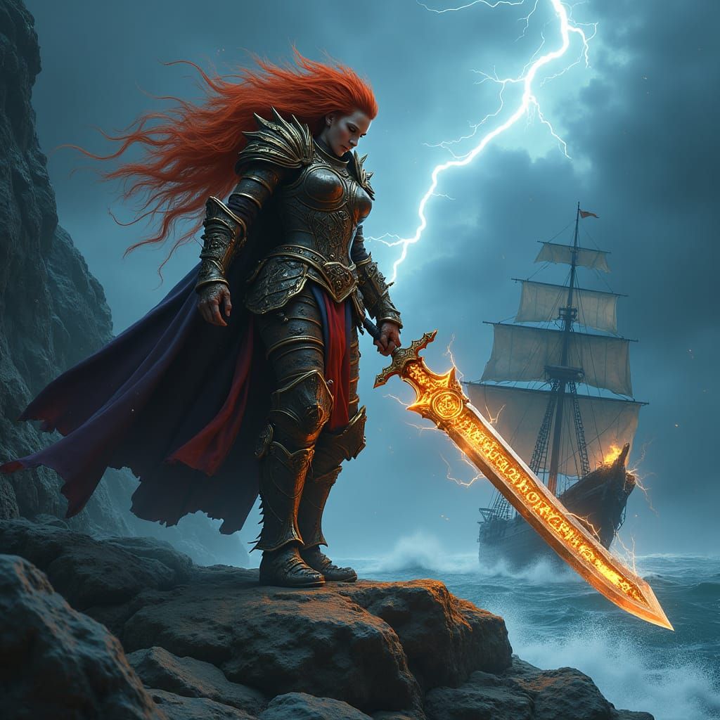 Aasimar Pirate Warrior Amidst Storm, in Fantasy Art Style