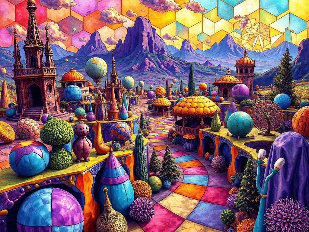 Surreal Geometric Landscape in Psychedelic Style