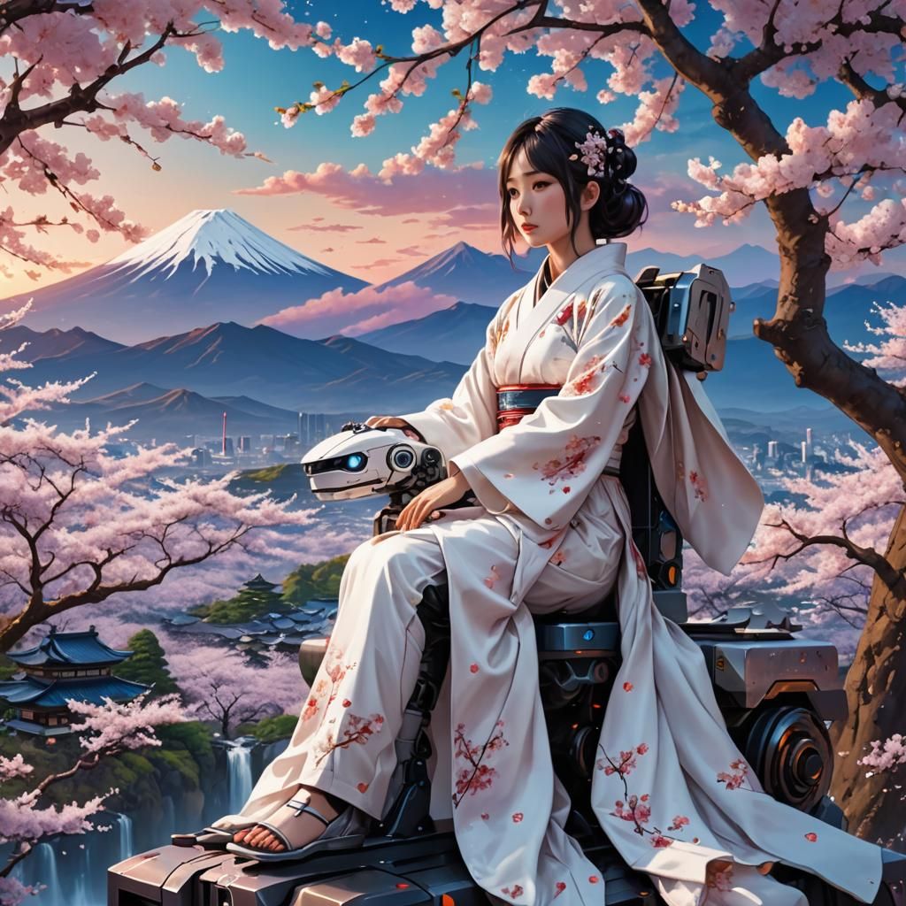 Futuristic Japanese Girl Overlooking Mt Fuji in Dreamscape