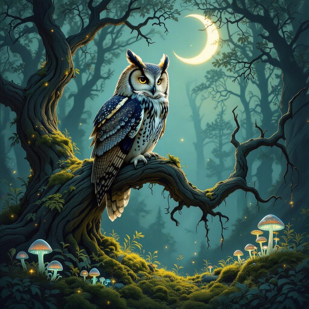 Majestic Owl With Peacock Plumage on Ancient Branch