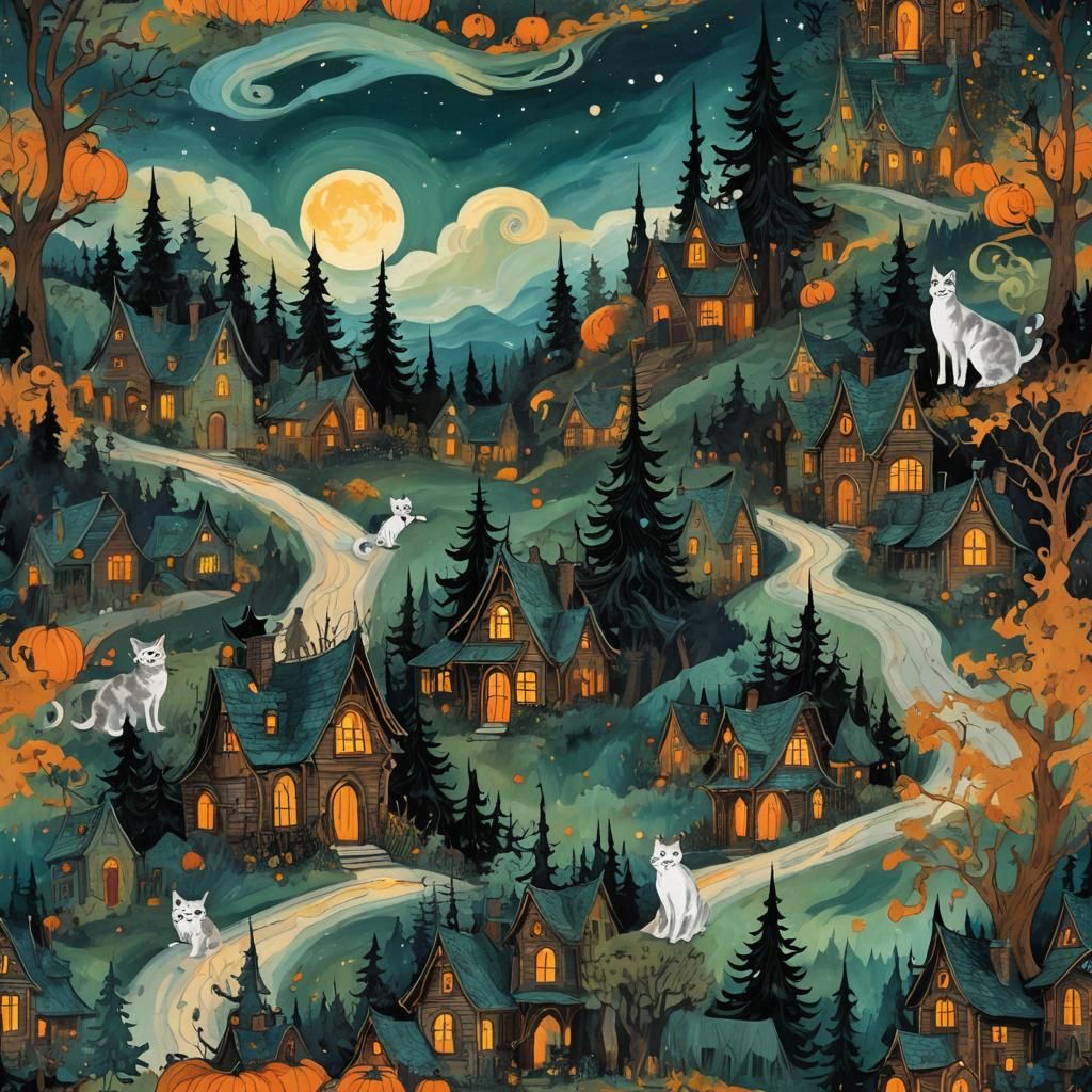 Halloween Cat in Moonlit Village, Impasto Painting