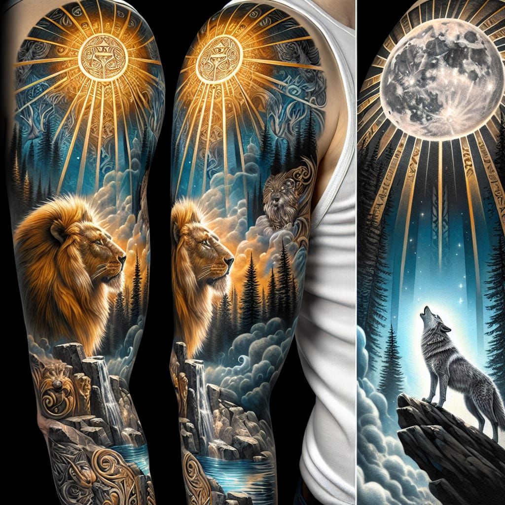 Lion and Wolf Arm Sleeve Tattoo Design Concept