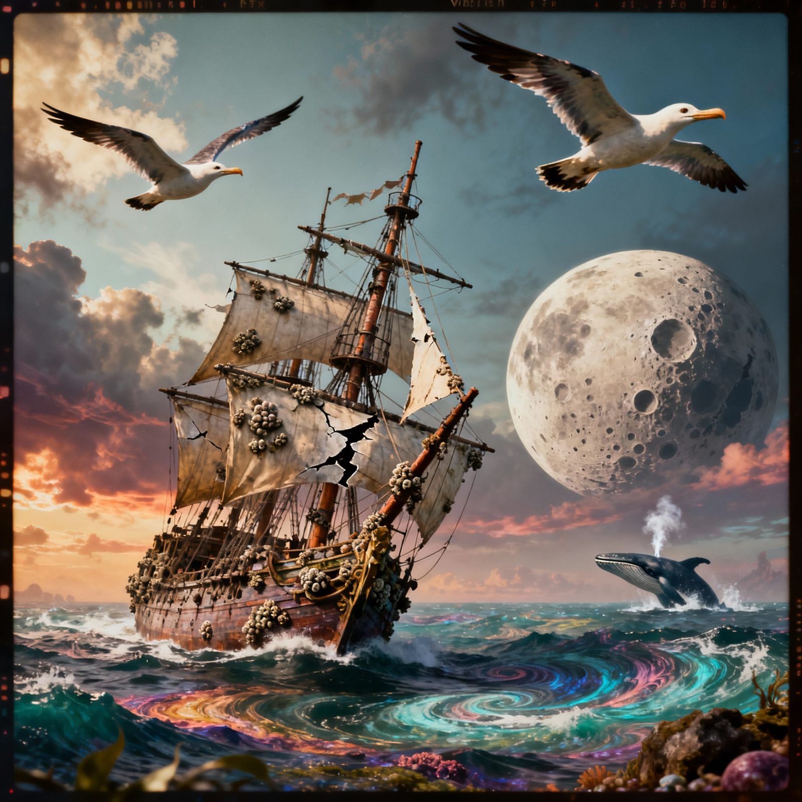 Majestic Schooner Sails Fantastical Sea Under Cratered Moon