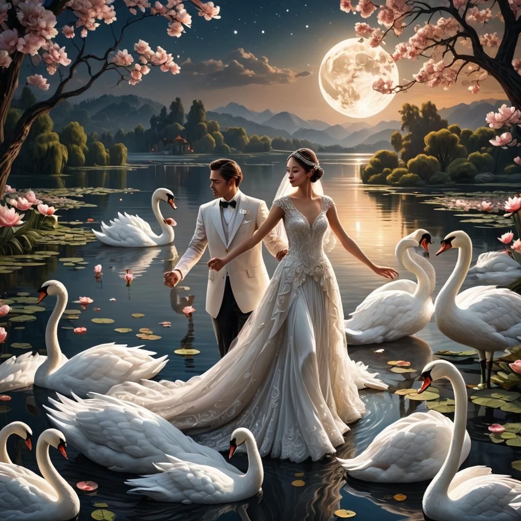 Bride and Groom Under Swans in Art Deco Landscape