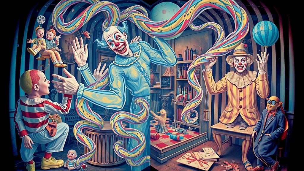 Creepy Clowns in Warped Funhouse with Prismatic X-Ray Effect