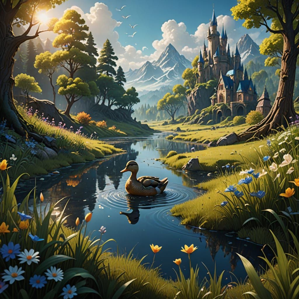 Disney-Inspired Duckling Plays in a Whimsical Meadow