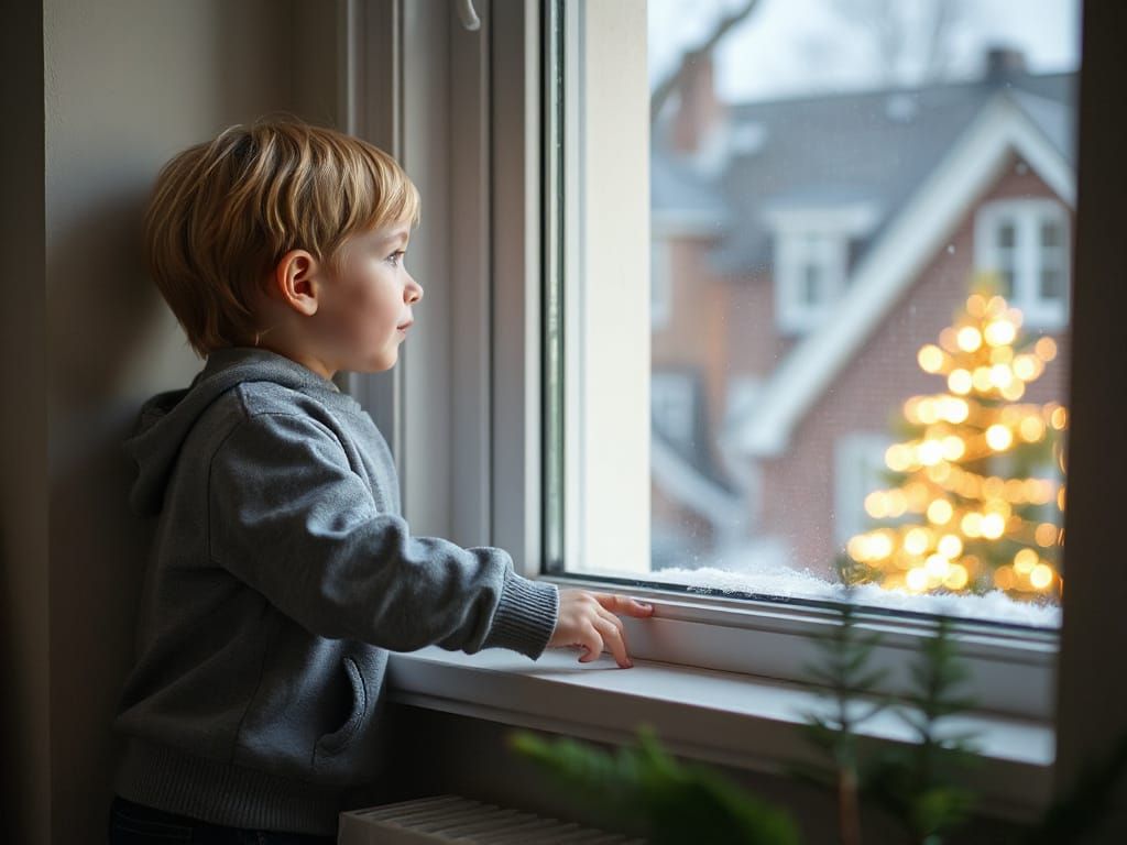 A Young Boy Waits Eagerly for Mother's Return
