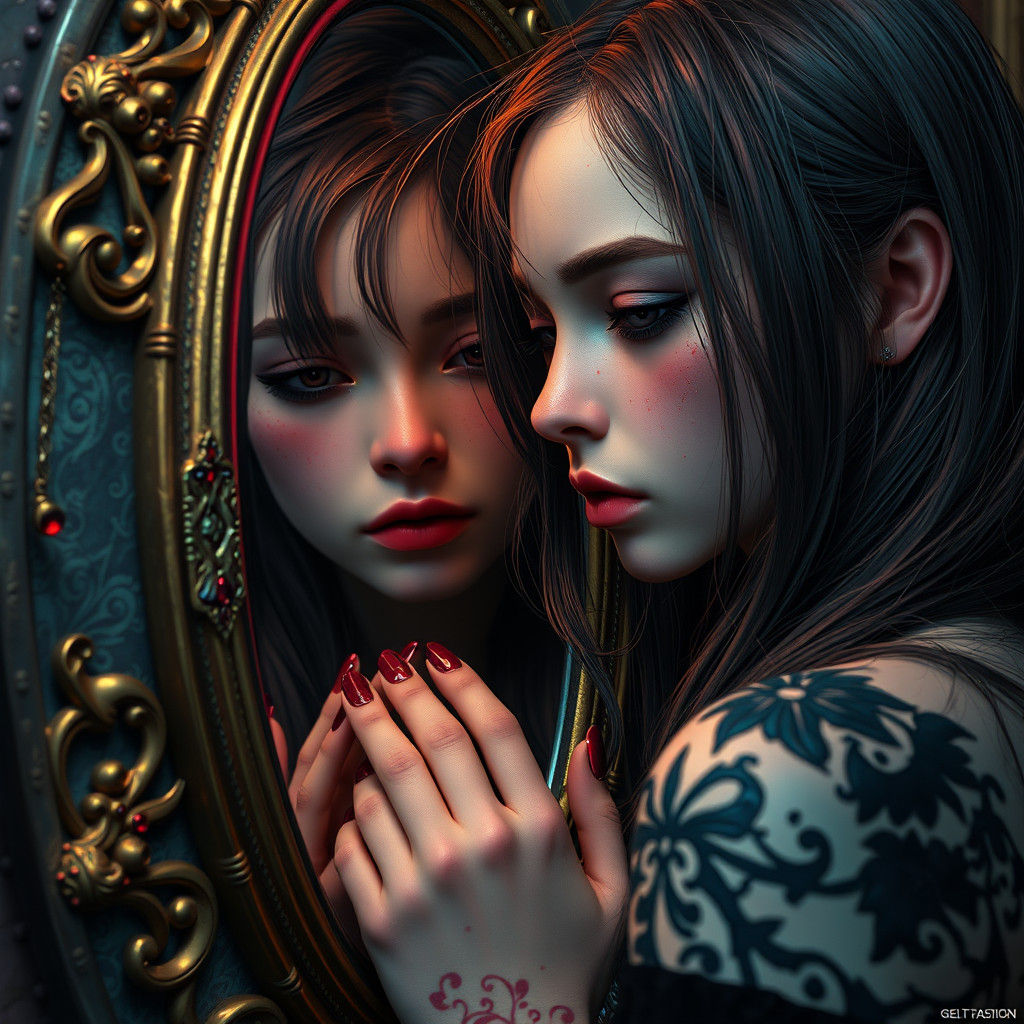Goth Girl's Self-Love Reflected: Detailed Matte Painting