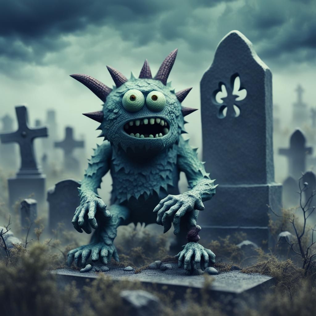 Weathered Monster Lurking in Stormy Graveyard