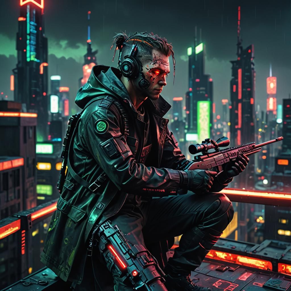 Cyberpunk Sniper on Rooftop in Digital Matte Painting
