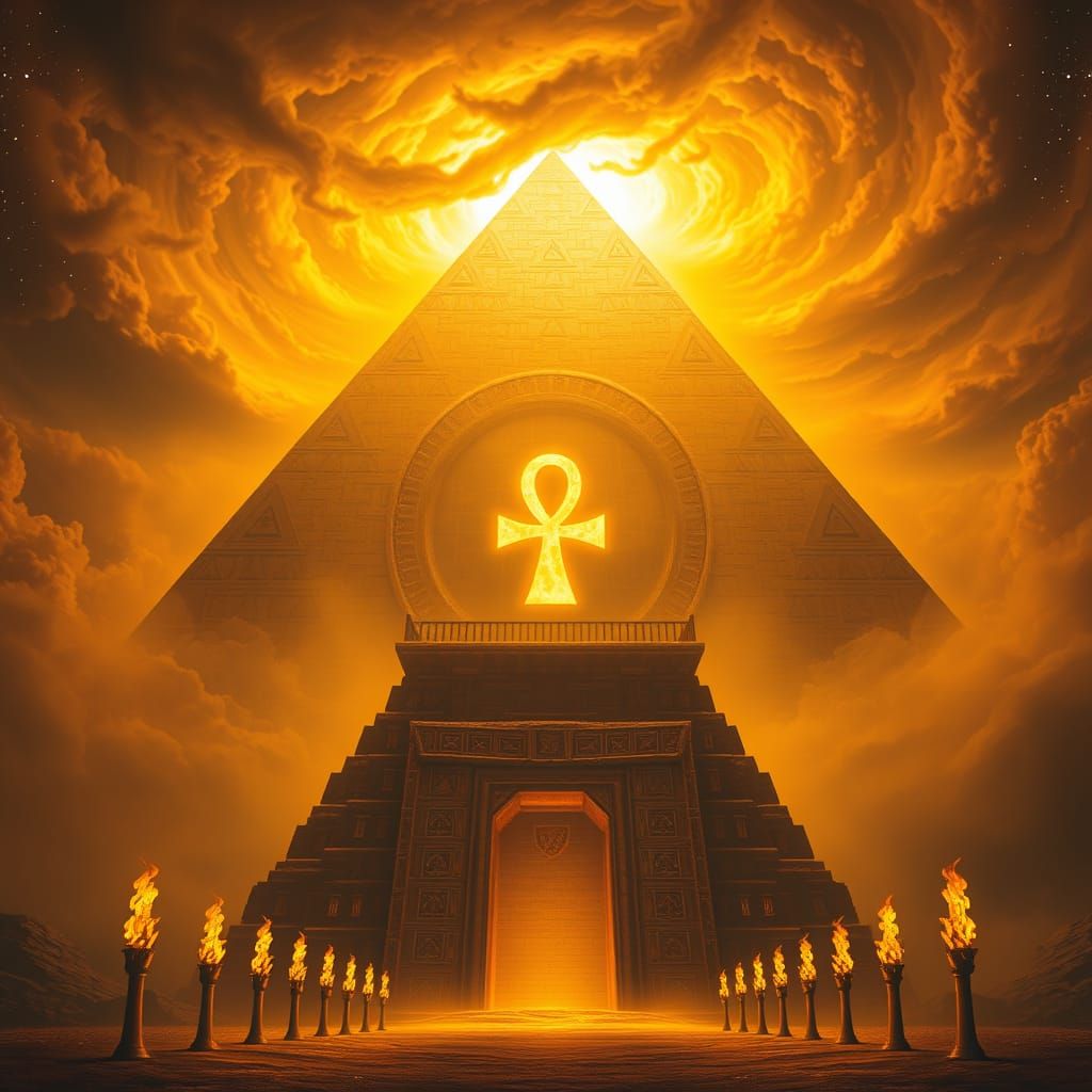 Golden Sandstorm Pyramid with Glowing Ankh and Starry Night