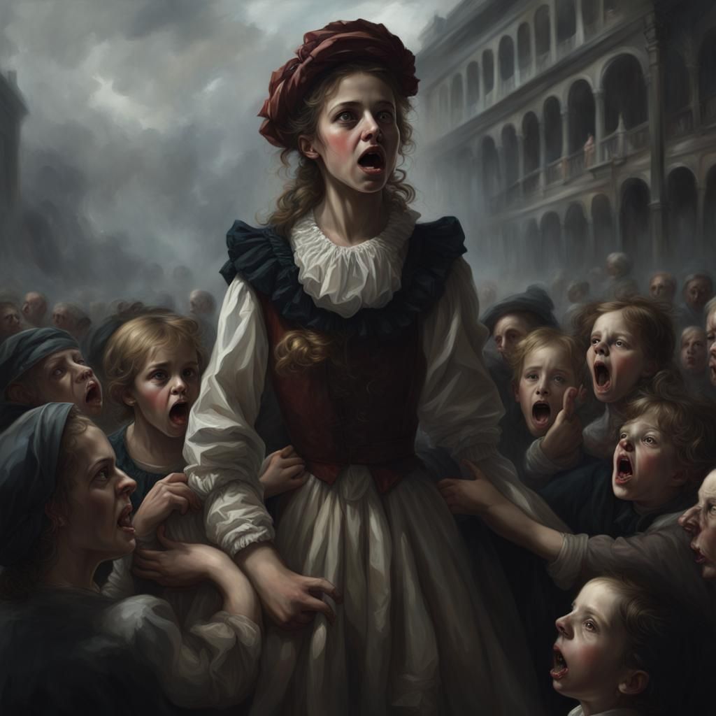 Fearful Girl Confronts Hostile Crowd in Dramatic Oil Paintin...