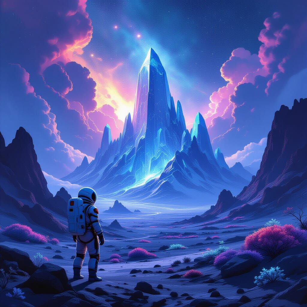 Astronaut on Alien Planet with Crystalline Mountains and Neb...