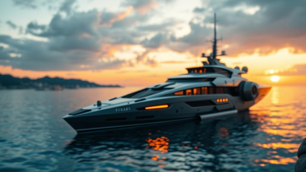 Cyberpunk Ship at Sunset in a Serene Mediterranean Bay
