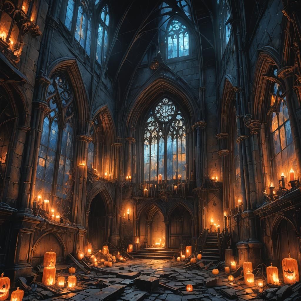 Ominous Gothic Architecture with Glowing Jack-o'-Lanterns