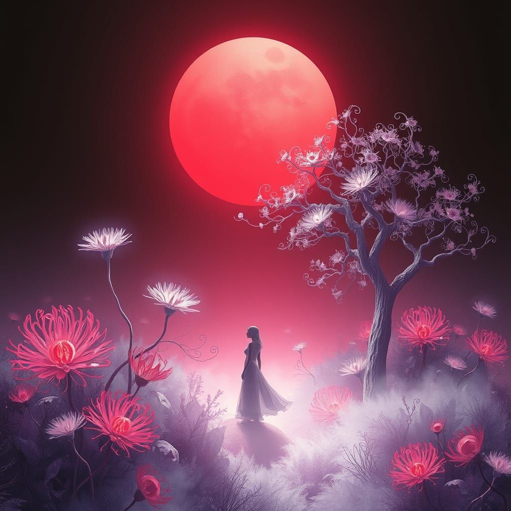 Mystical Garden Scene in Red and Purple
