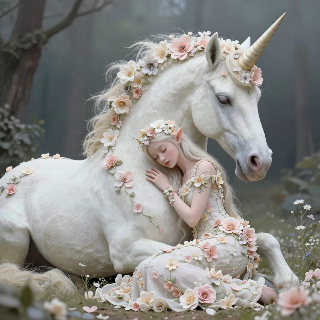 Elven Nymph Sleeping Peacefully With Unicorn