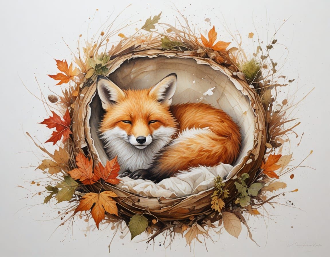 Sleeping Fox in Giant Acorn Shelter, Painterly Realism