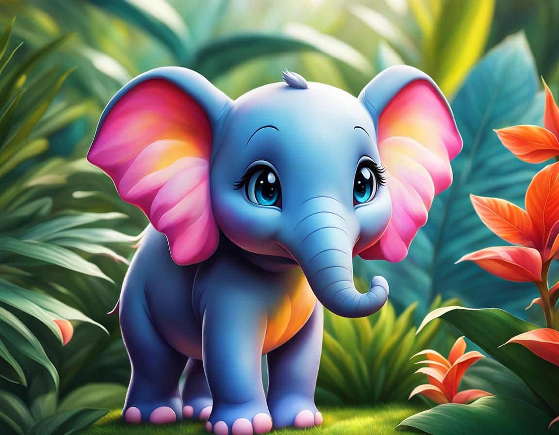 Cute Chibi Elephant in Colorful Tropical Garden