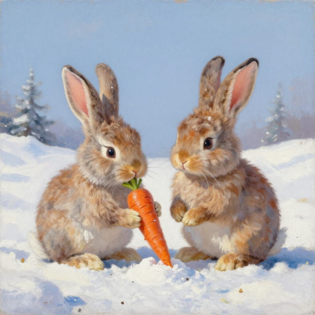 Rabbits Crafting a Snow-Bunny in Oil Painting Style