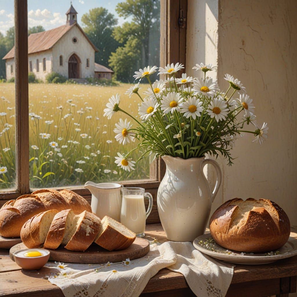 Impressionistic Still Life: Daisies, Bread, and Golden Domes