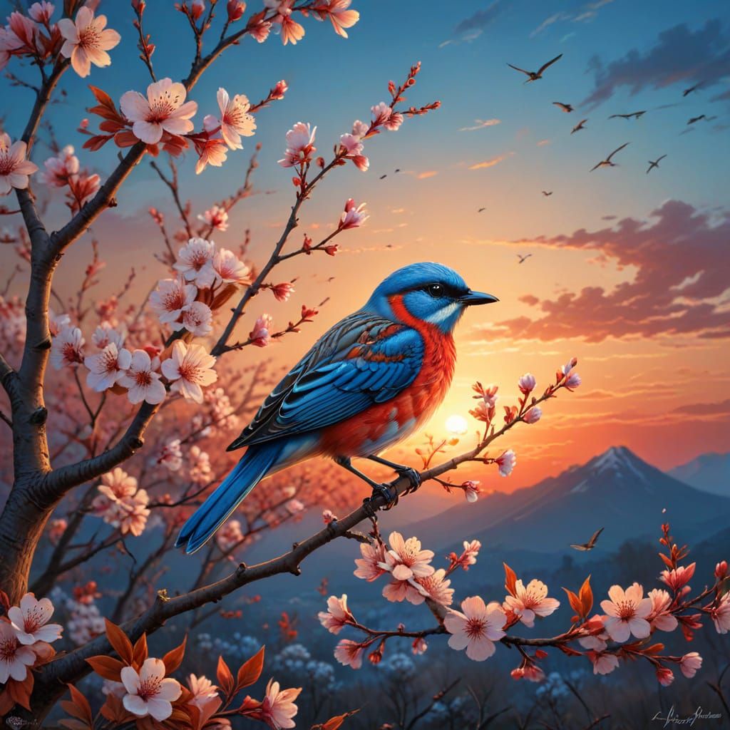 Detailed Blossom Tree Bird at Sunset in Spring Hues