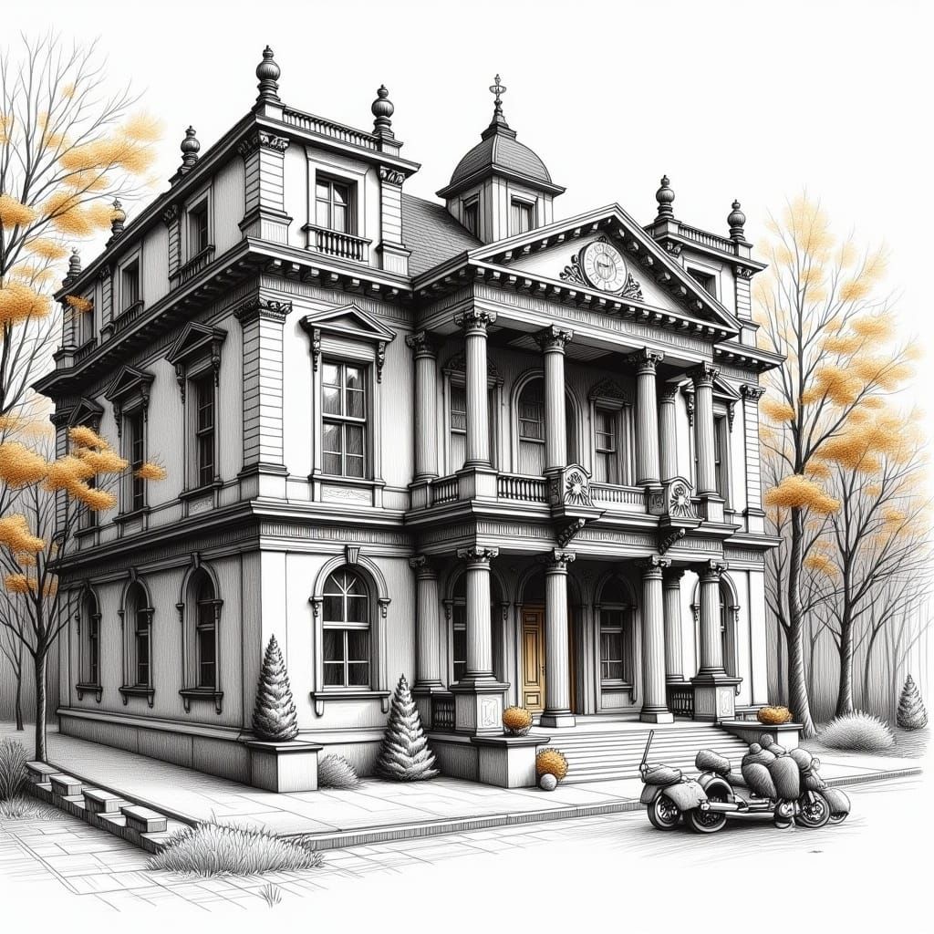 Ornate Building: Architectural Sketch in Ink and Watercolor