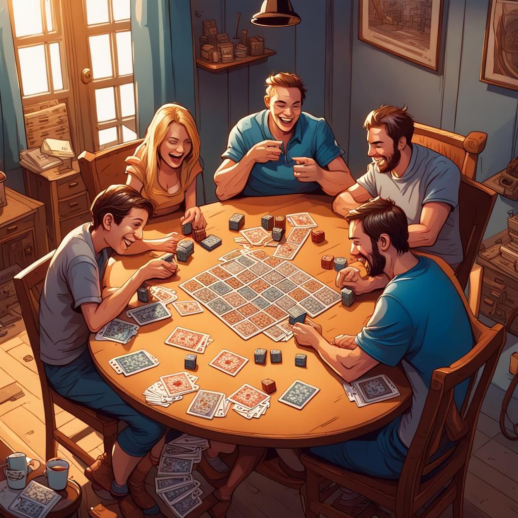 Happy Family Game Night in Comic Book Style