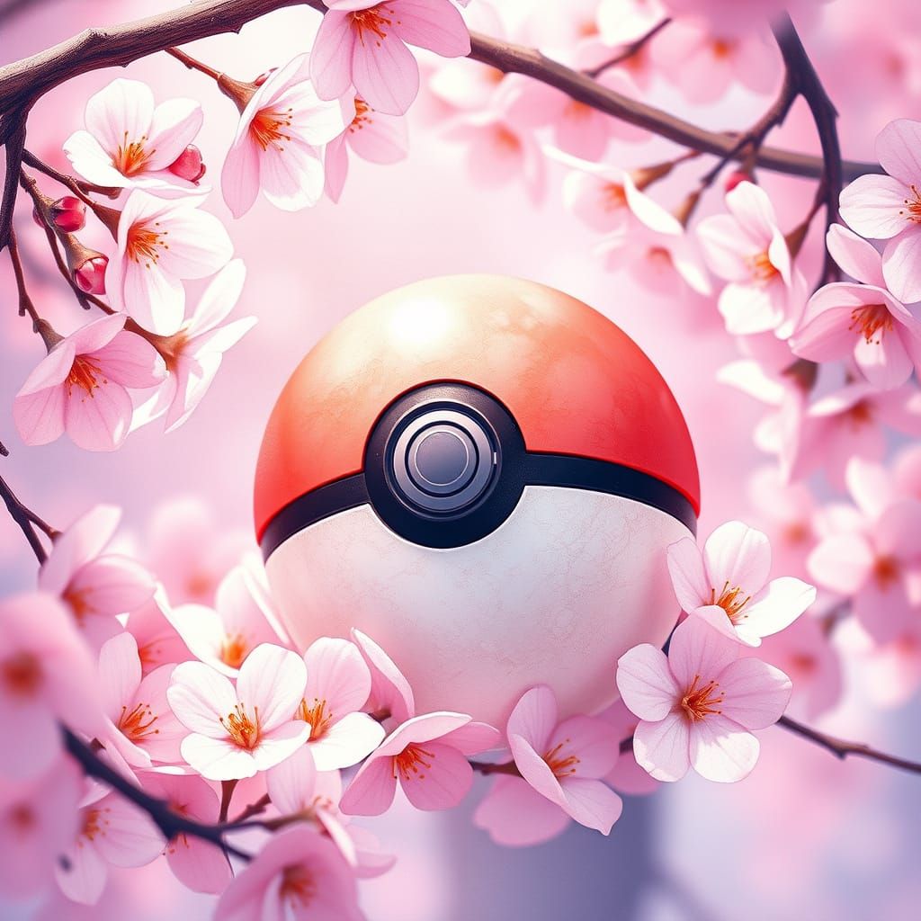 Pokeball Surrounded by Cherry Blossoms in Whimsical Style