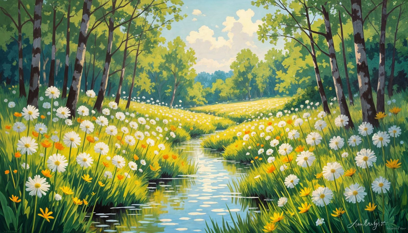 Sun-Drenched Meadow with Glowing Dandelions in Impressionist...