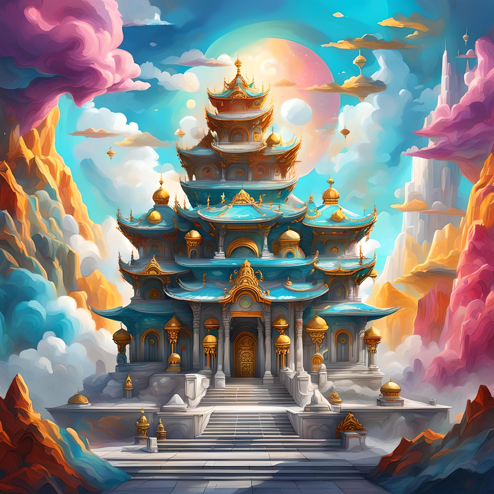 Futuristic Cloud Recess Temple in Graffiti Art Style