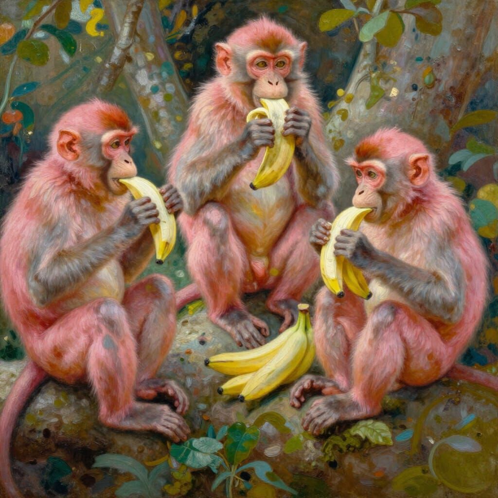 Pink Monkeys Eating Bananas in Forest, Tonalist Oil Painting