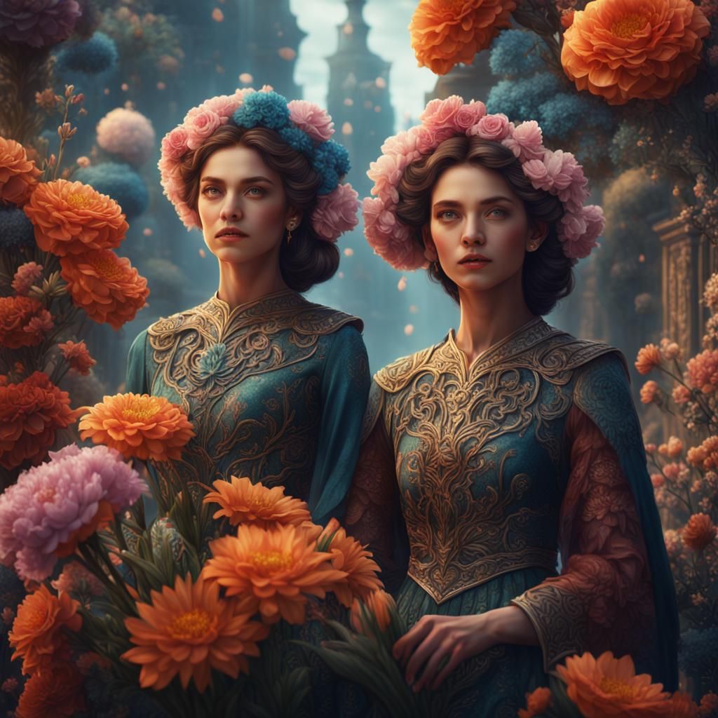 Beautiful Women with Flowers in Detailed Matte Painting