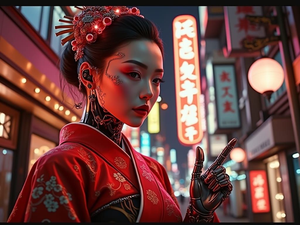 Neon Geisha Emerges in Futuristic Tokyo